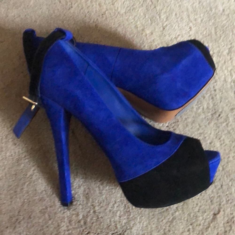 H for Halston leather cobalt blue and black heels